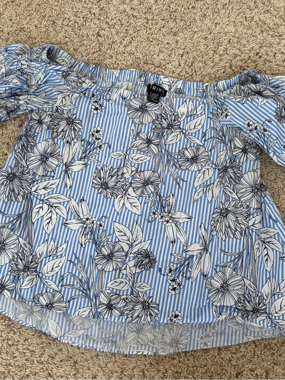 Timing Blue and White Striped Off-Shoulder Floral Blouse- coastal, cottagecore